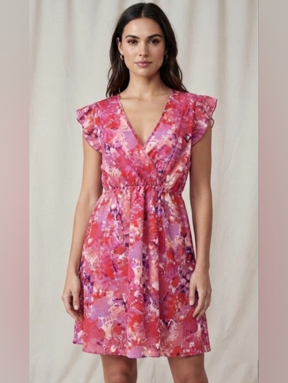 Pink Floral V-Neck Ruffle Sleeve Dress Large NWOT